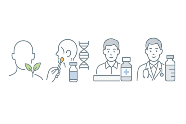 AGA外用薬の4タイプ比較イラスト（育毛剤・遺伝子検査付き・市販発毛剤・医療用）