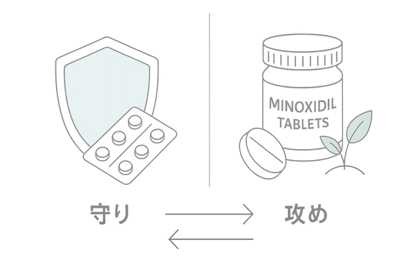 ミノキシジルタブレットとフィナステリドの役割比較イラスト