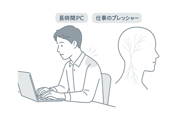 20代社会人のストレスとデスクワークによる血行不良の図