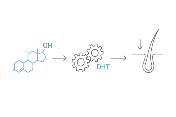 DHTの関与イメージ：テストステロン→5α還元酵素→DHT→毛髪ミニチュア化
