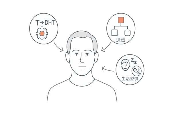 30–40代の薄毛要因を俯瞰する図(ホルモン・遺伝・生活習慣)
