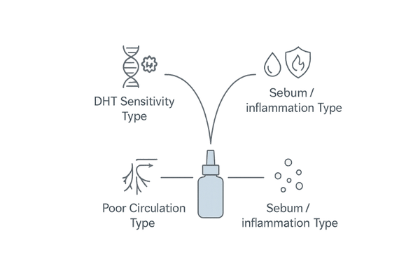 体質別育毛剤の選定基準|遺伝・血流・皮脂/炎症タイプに分岐するフロー図