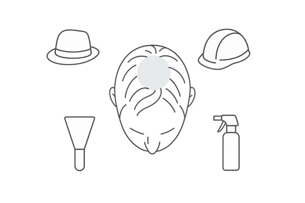 つむじ・頭頂部ケアと帽子・ヘルメット使用時のポイント図