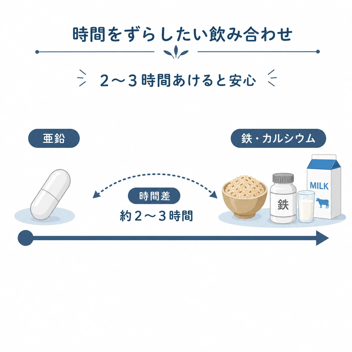 亜鉛サプリと鉄やカルシウムを飲む時間を2〜3時間ずらすとよいことを時間軸で表した医療イラスト