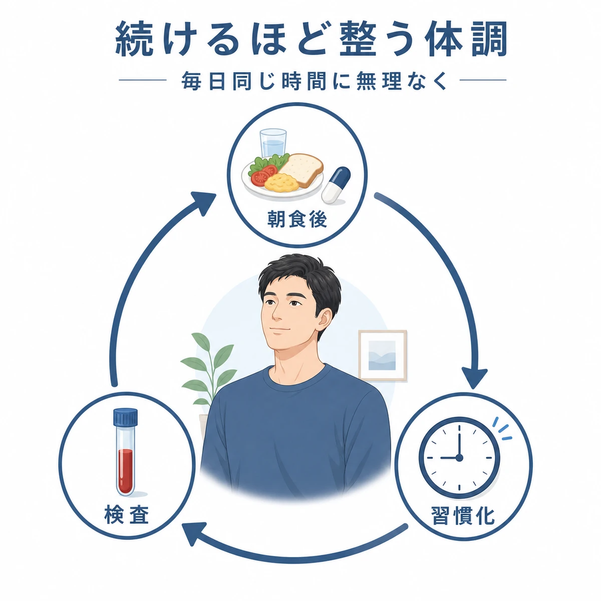 亜鉛サプリを毎日続ける習慣が朝食後の服用から検査まで循環する様子を表した医療イラスト