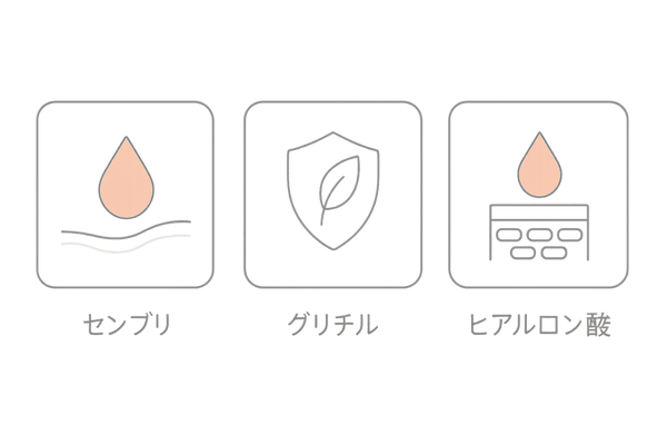 有効成分カテゴリ別アイコン(血行促進/抗炎症/保湿)