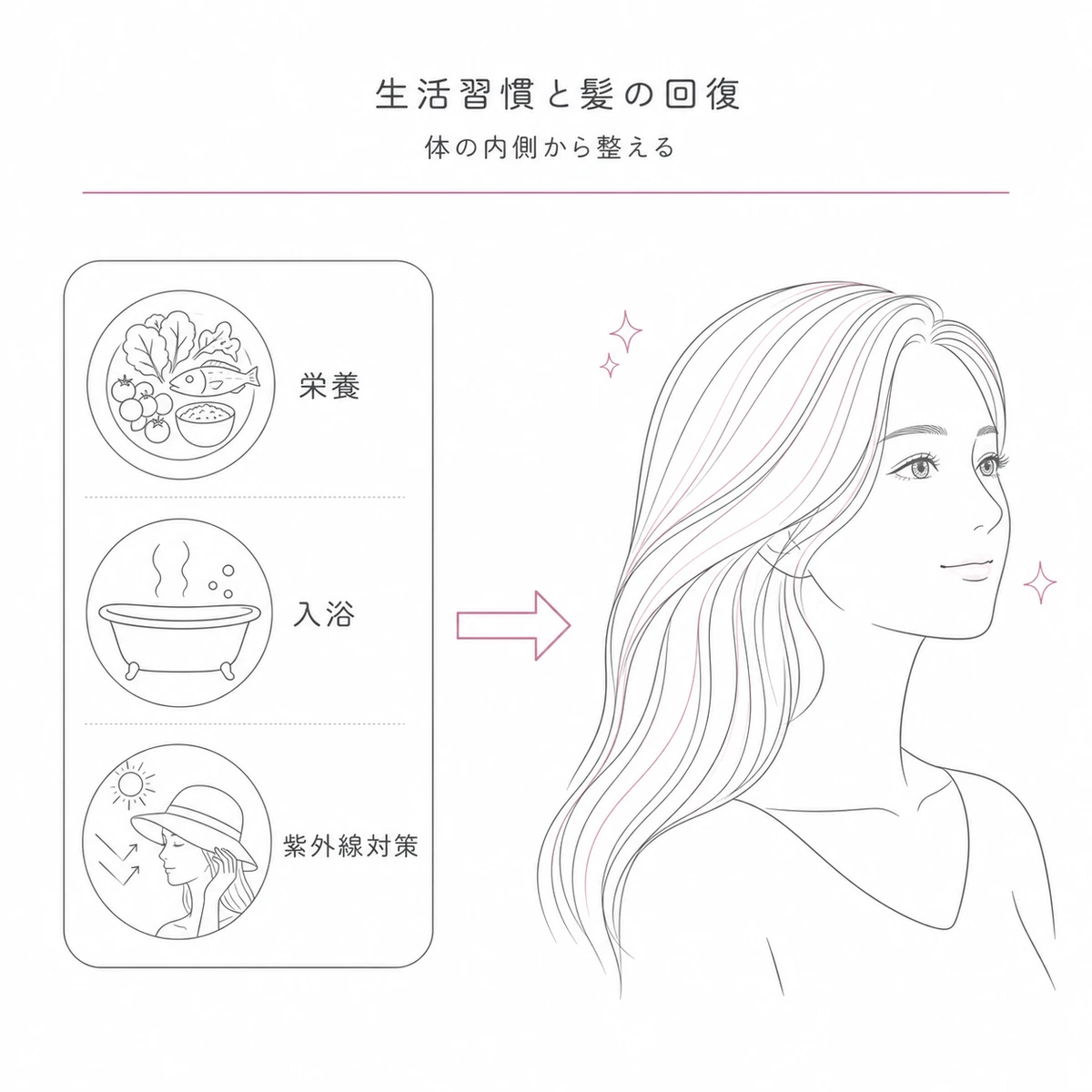 栄養や入浴や紫外線対策など生活習慣を整えることが髪の回復につながる流れを表した線画イラスト