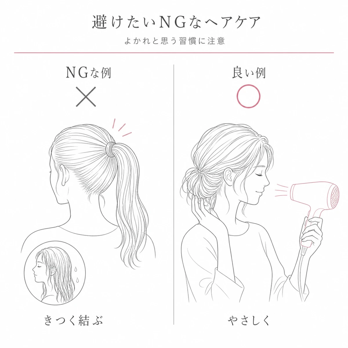 髪をきつく結ぶNGな習慣とやさしく乾かす良い習慣を左右で比べた線画イラスト