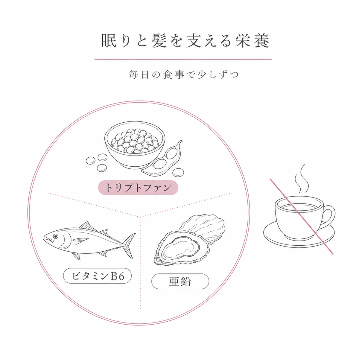 トリプトファンやビタミンB6や亜鉛など眠りと髪を支える栄養を皿で表した線画イラスト