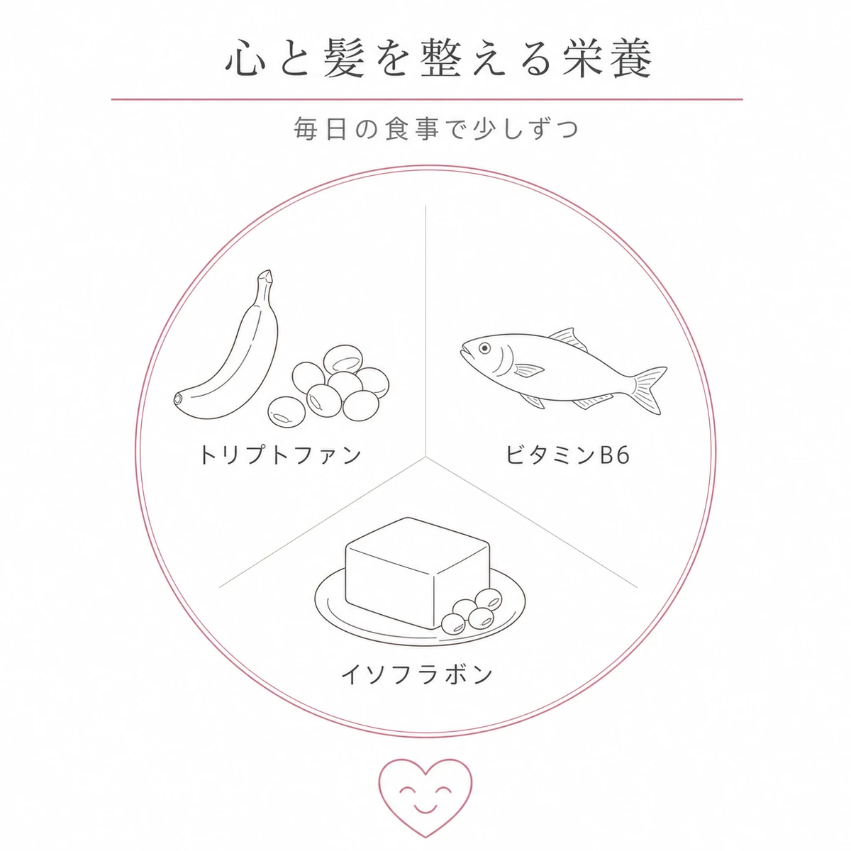 トリプトファンやビタミンB6やイソフラボンなど心と髪を整える栄養を皿で表した線画イラスト