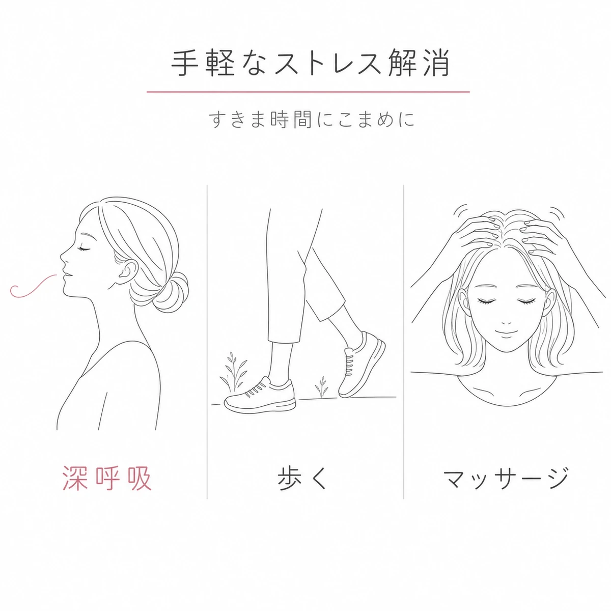 深呼吸とウォーキングと頭皮マッサージなど手軽なストレス解消法を表した線画イラスト