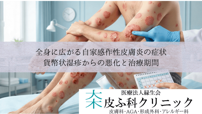 全身に広がる自家感作性皮膚炎の症状｜貨幣状湿疹からの悪化と治療期間