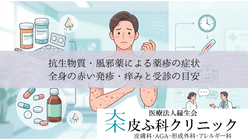 抗生物質・風邪薬による薬疹の症状｜全身の赤い発疹・痒みと受診の目安