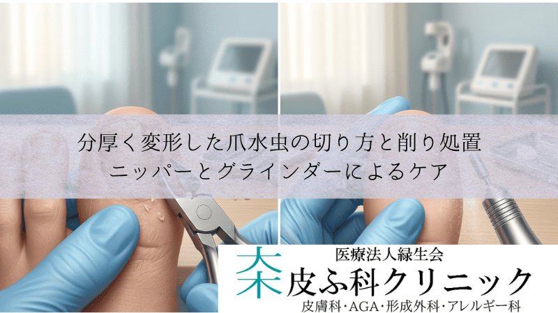 分厚く変形した爪水虫の切り方と削り処置｜ニッパーとグラインダーによるケア