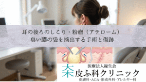 耳の後ろのしこり・粉瘤(アテローム)|臭い膿の袋を摘出する手術と傷跡