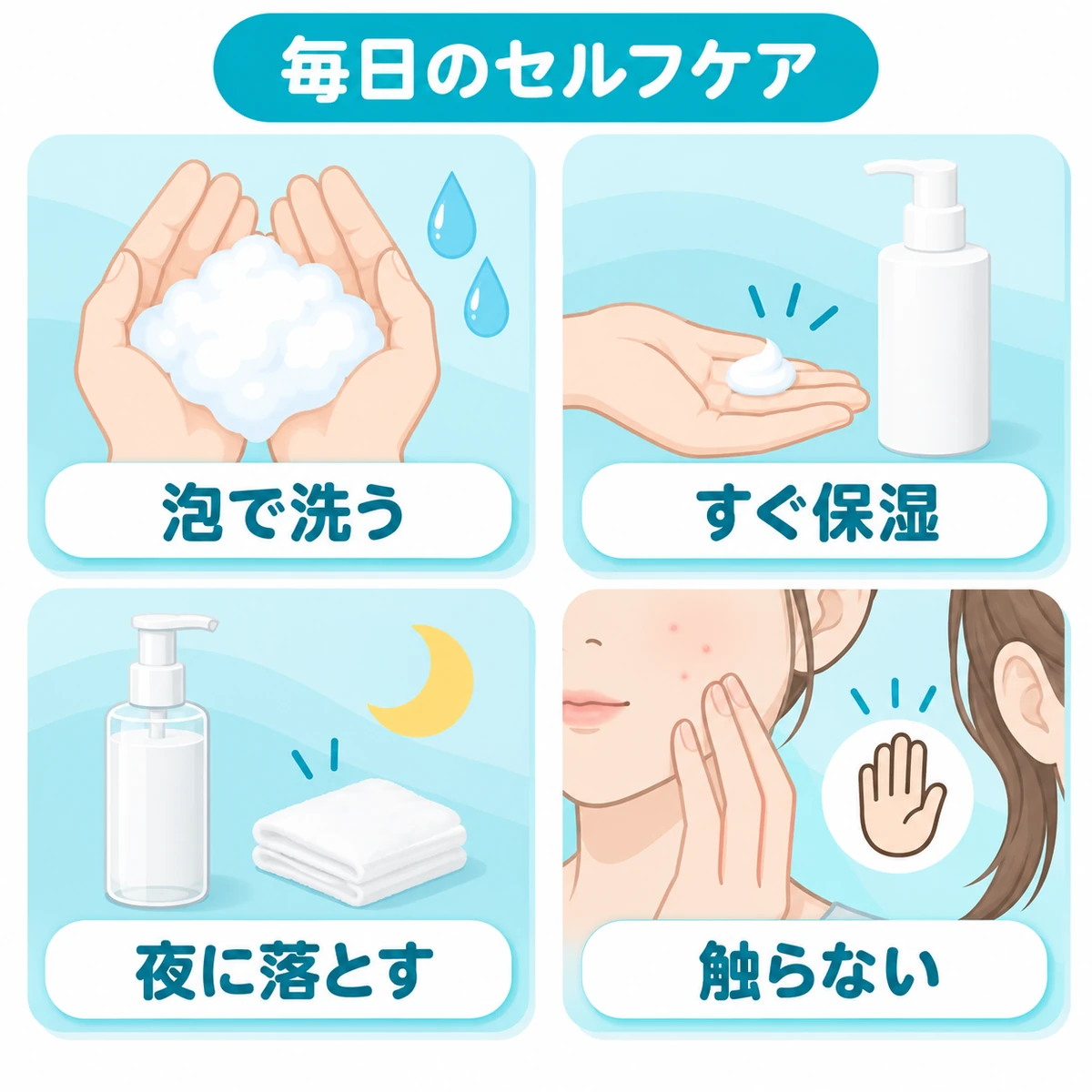 泡で洗う、すぐ保湿する、夜にメイクを落とす、顔に触れないセルフケアの図