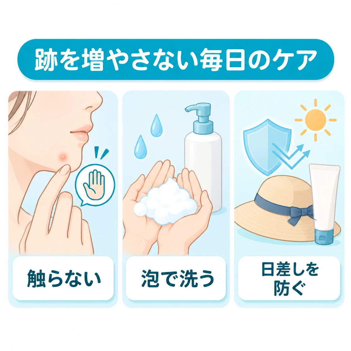 ニキビに触らない、泡で洗う、日差しを防ぐという毎日のケアを並べた図