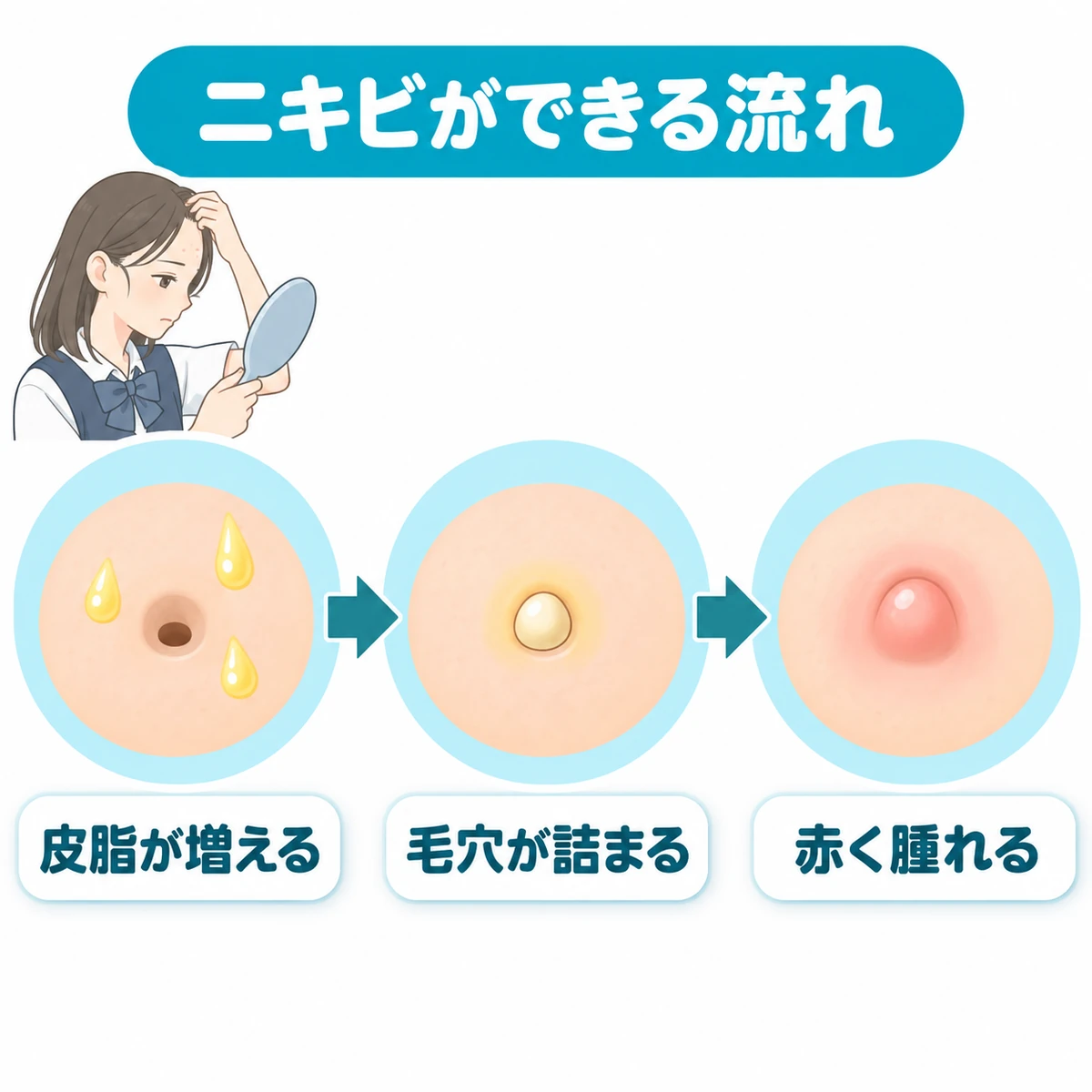 皮脂の増加から毛穴の詰まり、赤く腫れたニキビへ進む過程の図