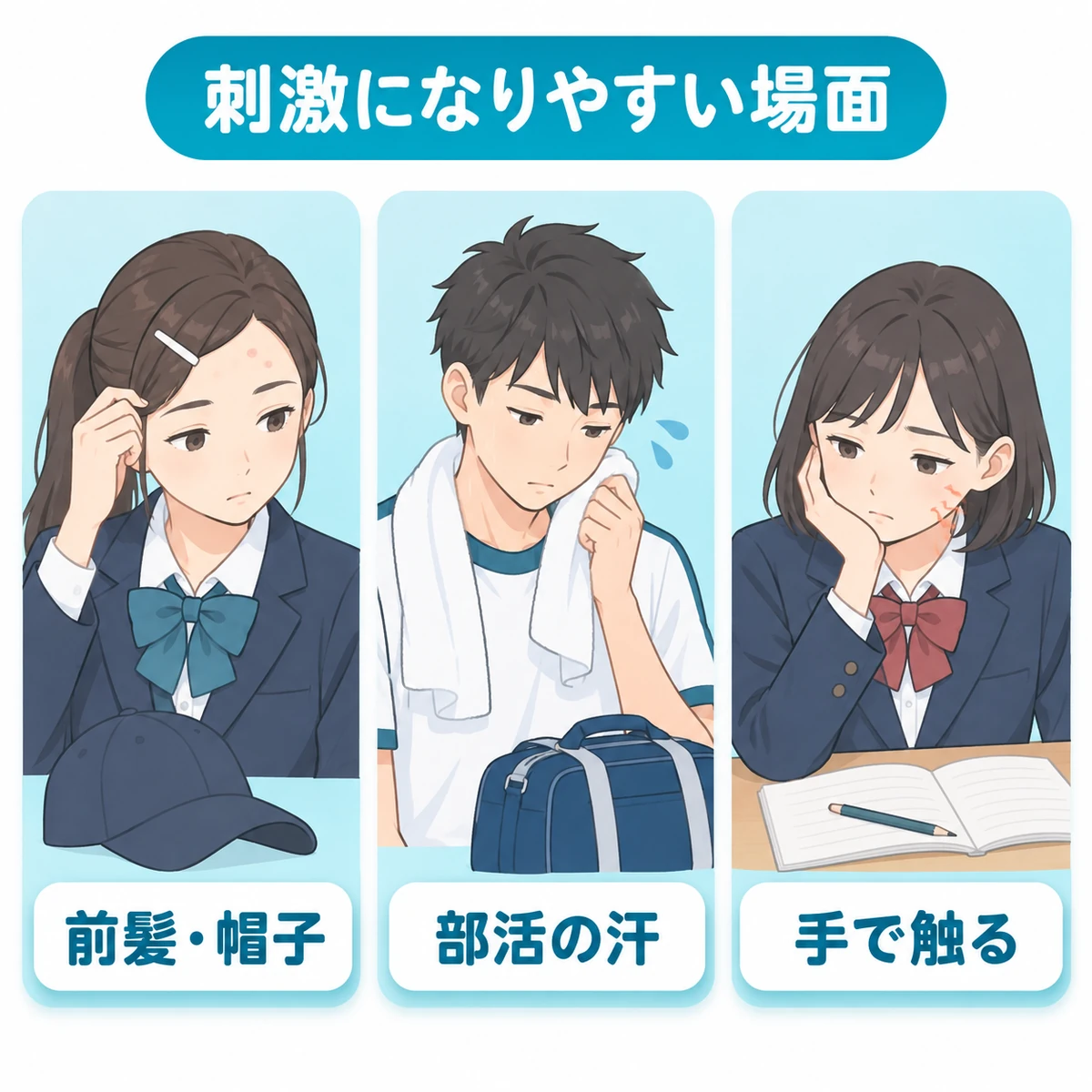前髪や帽子、部活の汗、手で触る癖などニキビの刺激になりやすい場面のイラスト
