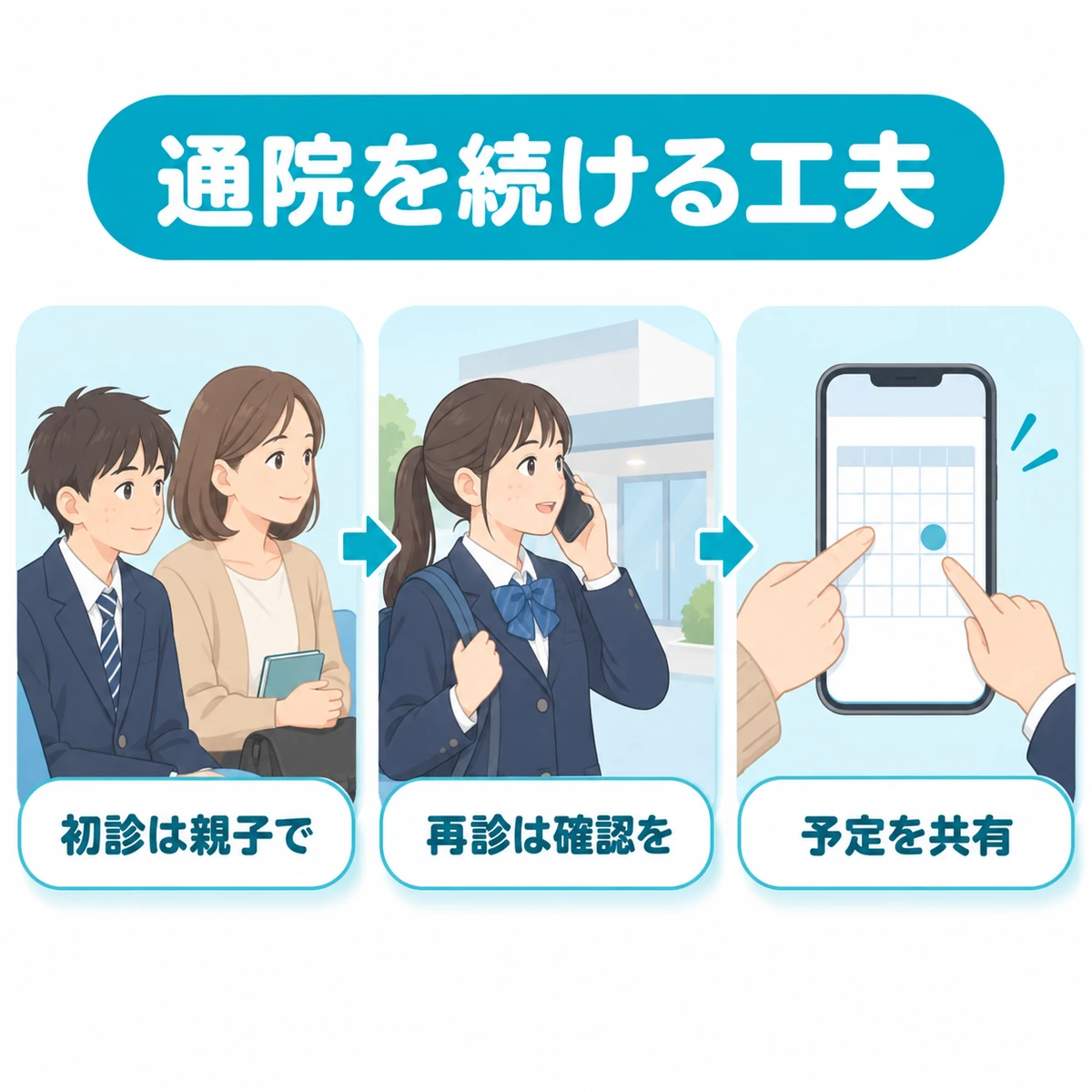 初診時の保護者同伴、再診前の確認、受診予定の共有という通院を続ける工夫のイラスト
