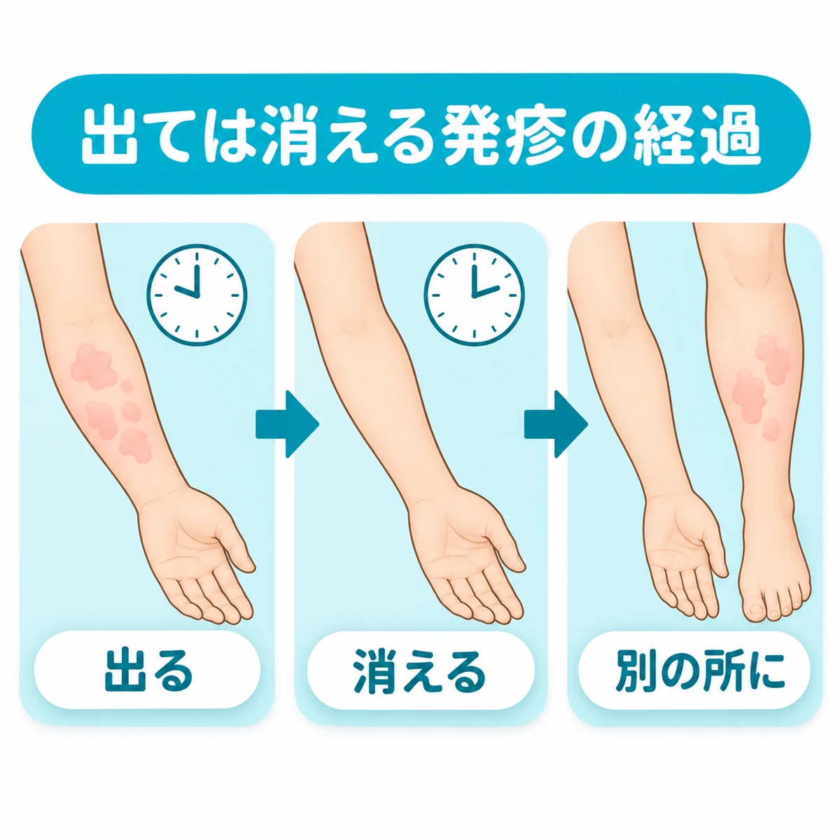 腕の発疹が消えた後、別の部位に現れる経過を3コマで描いた図