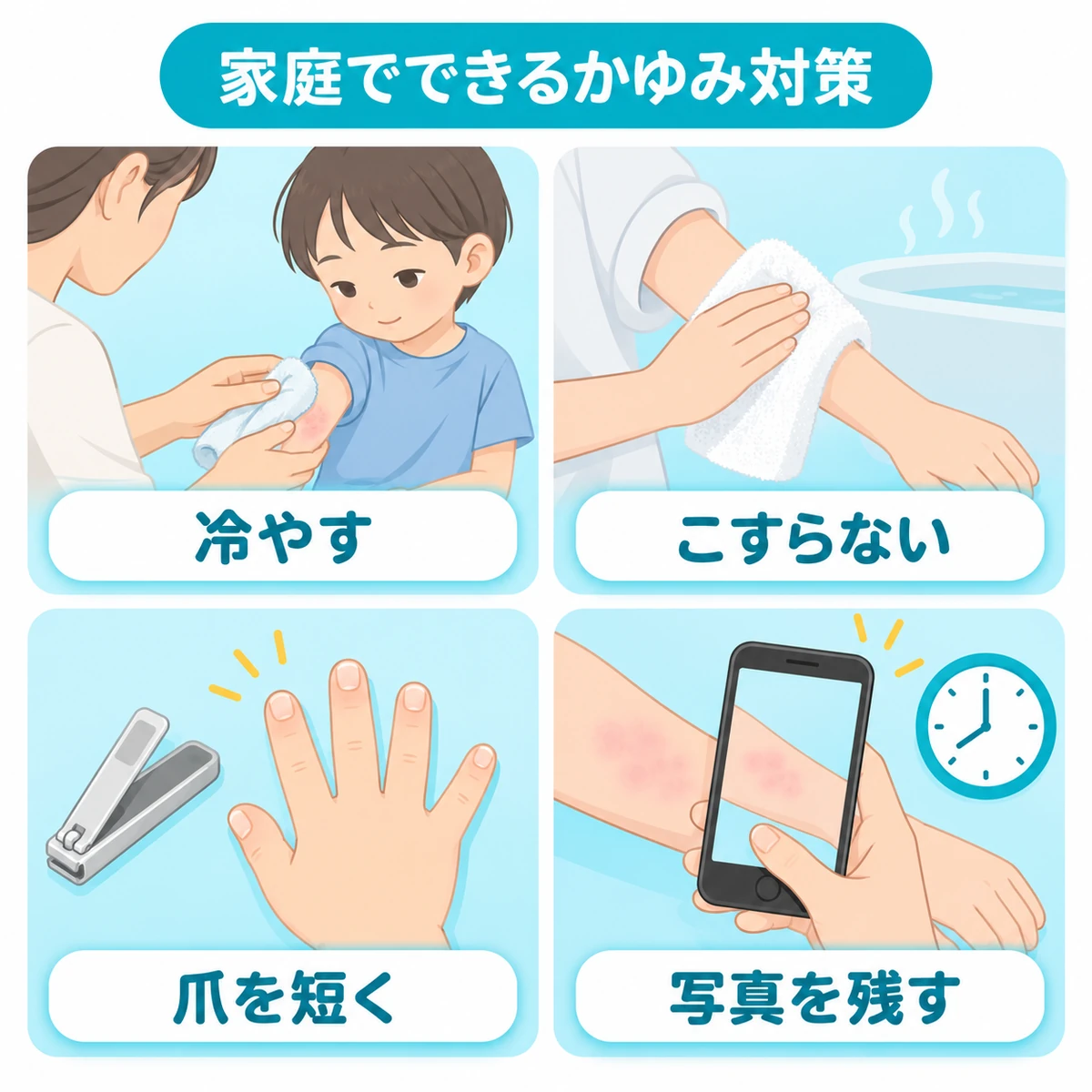 患部の冷却、肌をこすらない拭き方、爪切り、発疹の撮影をまとめた家庭でのかゆみ対策図