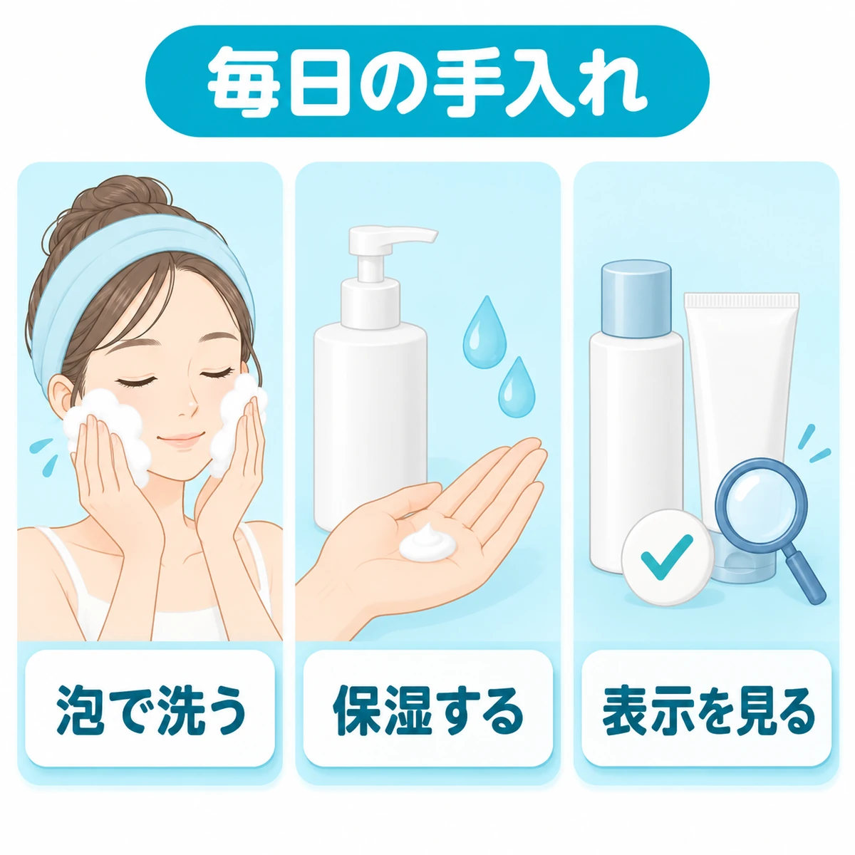 泡での洗顔、保湿、化粧品表示の確認を並べた毎日のケアの図